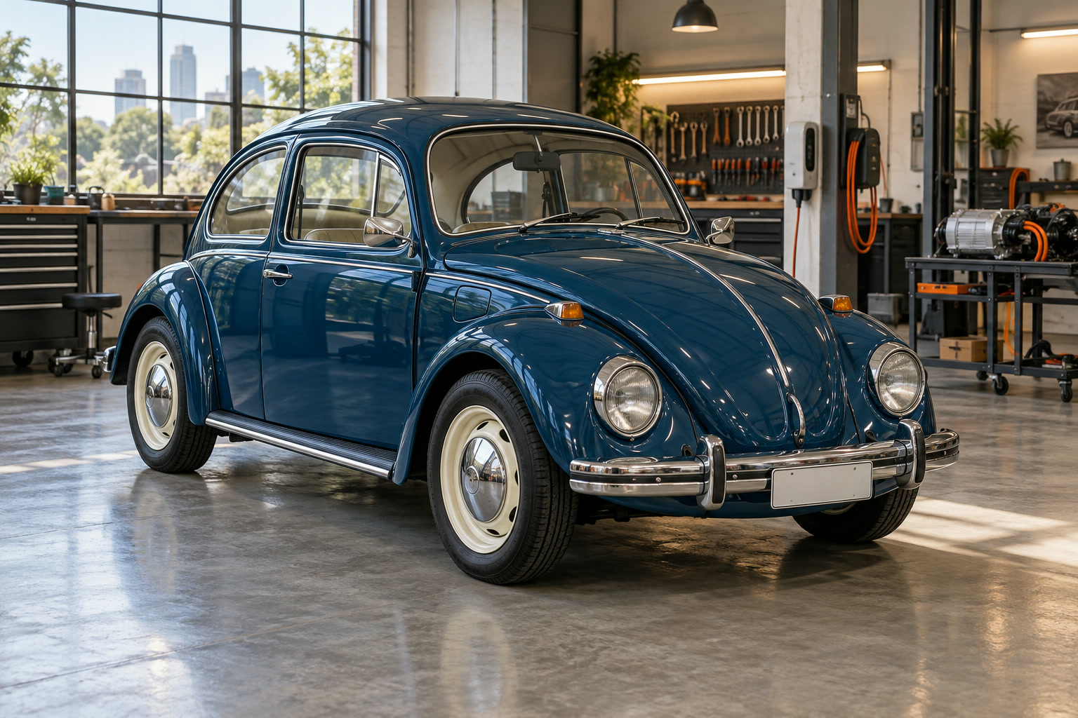 Fusca 1972 azul-petróleo parado dentro da oficina, com o capô fechado.