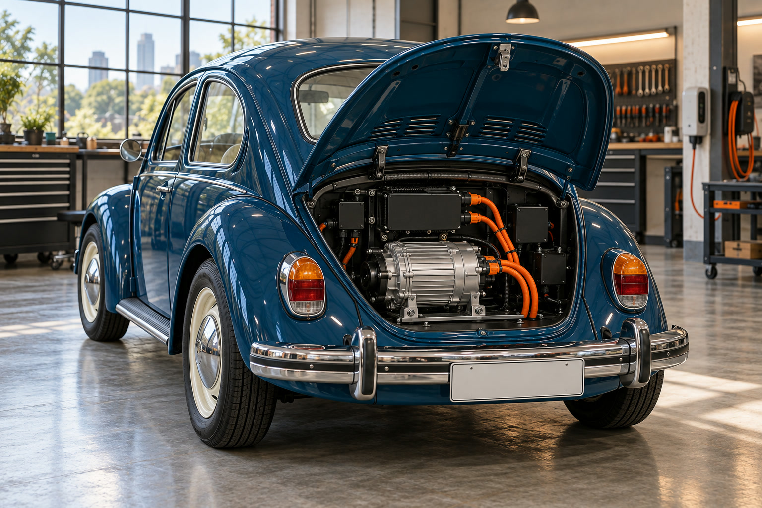 Compartimento traseiro do Fusca aberto, com motor elétrico e cabos laranja instalados.