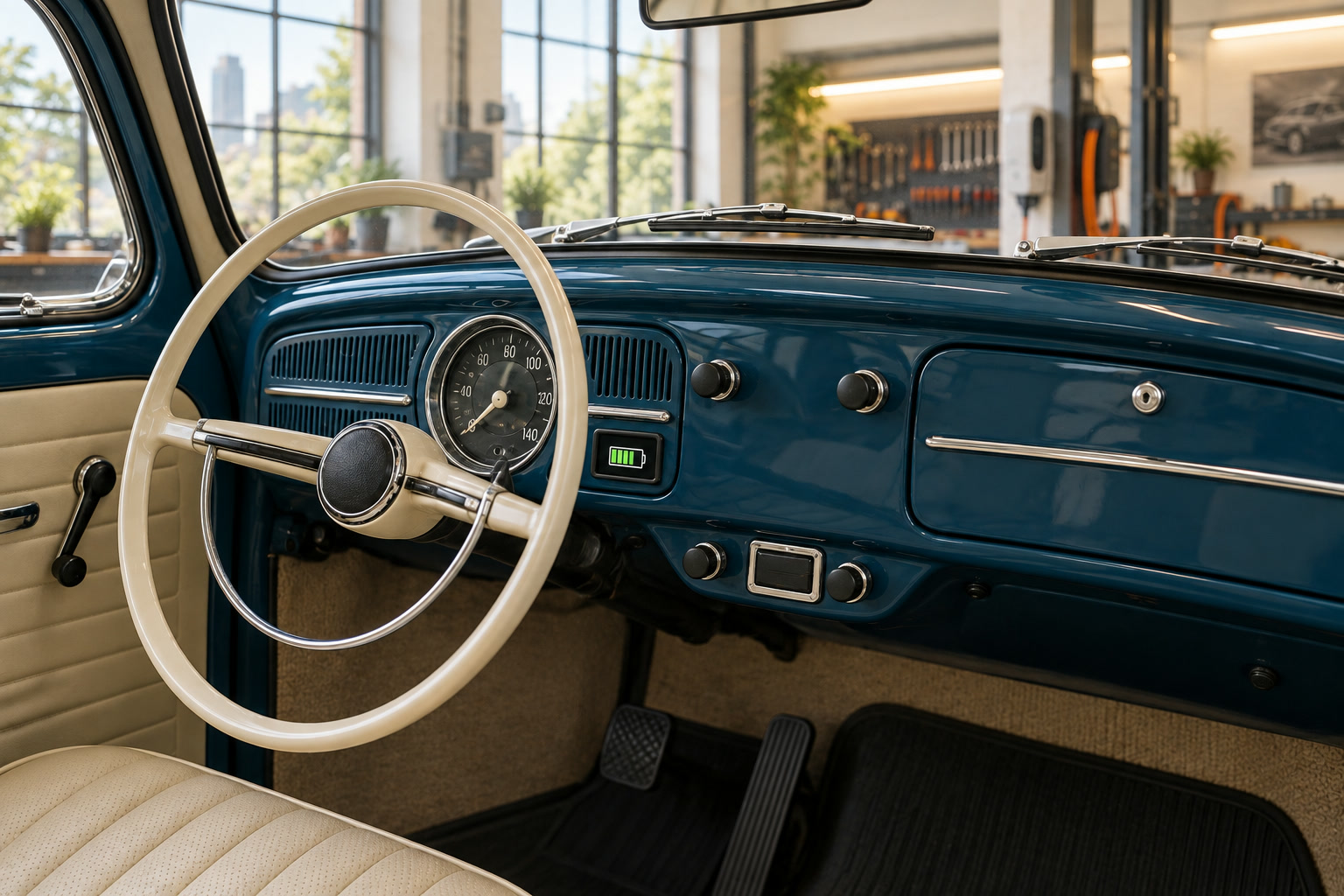 Painel de época do Fusca, com o velocímetro original e um indicador de carga discreto.