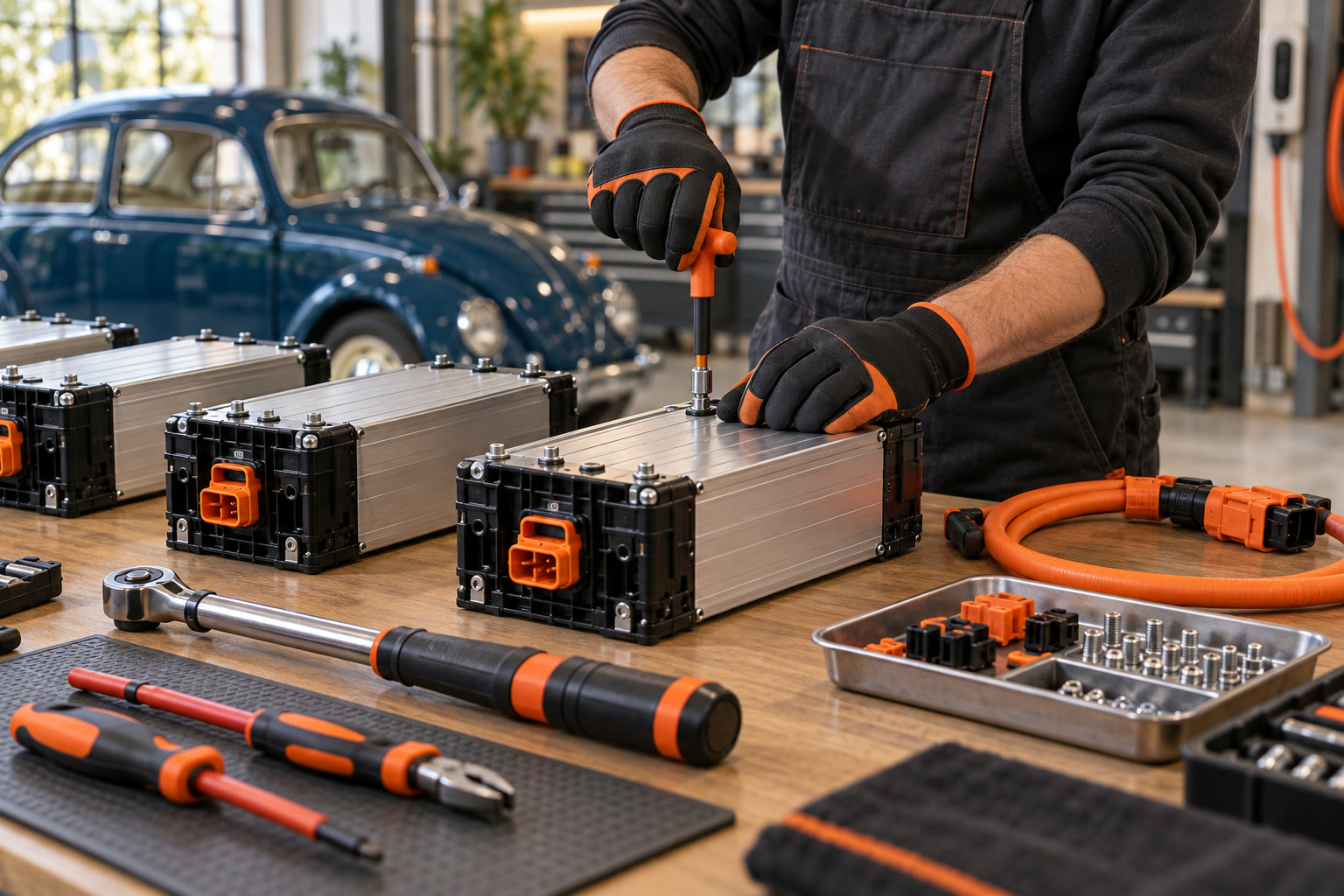 Mãos de mecânico montando módulos de bateria na bancada, com o Fusca ao fundo.