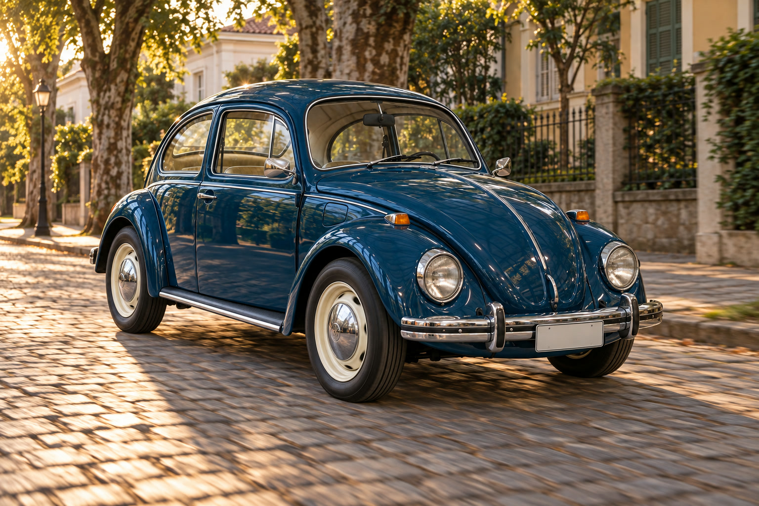 O Fusca azul-petróleo chegando pela rua de paralelepípedo, ainda a gasolina.